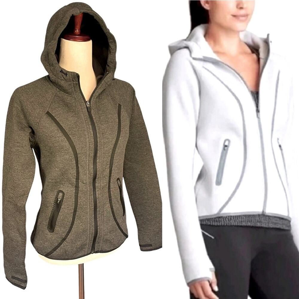 Athleta Fuse Scuba Hoodie Jacket Grey Black Trim XS Style #242921